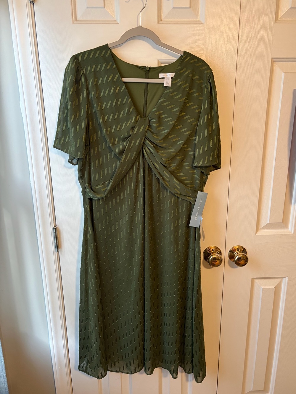 London Times Olive Green Twist-Front Midi Dress